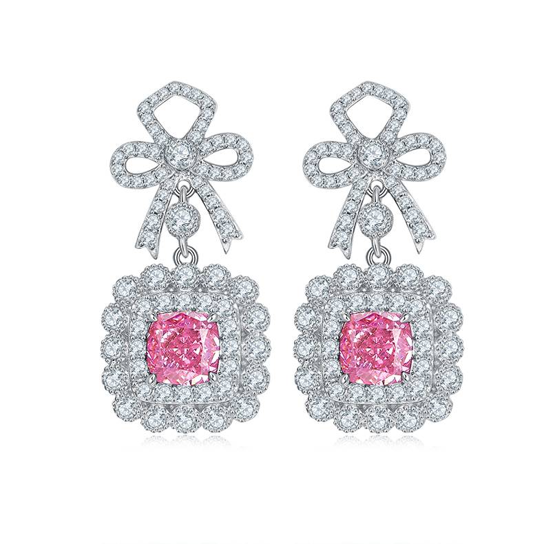 E0698 款S925银镀18K白金枕形培育彩宝耳环6*6mm/1.0ct*2