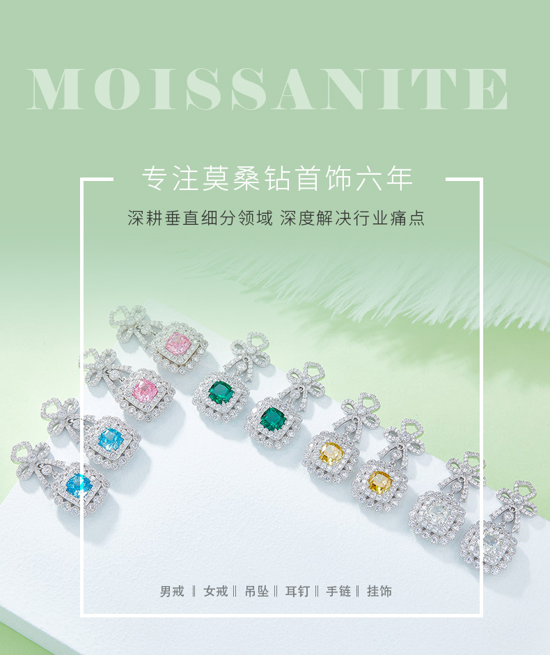 E0698 款S925银镀18K白金枕形培育彩宝耳环6*6mm/1.0ct*2 - 1