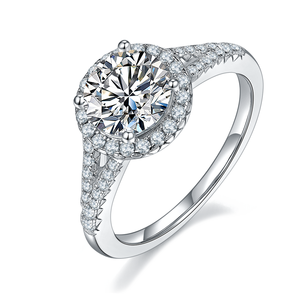 Double arm round bag S925 silver plated platinum moissanite diamond women's ring 1.5 carats D-grade