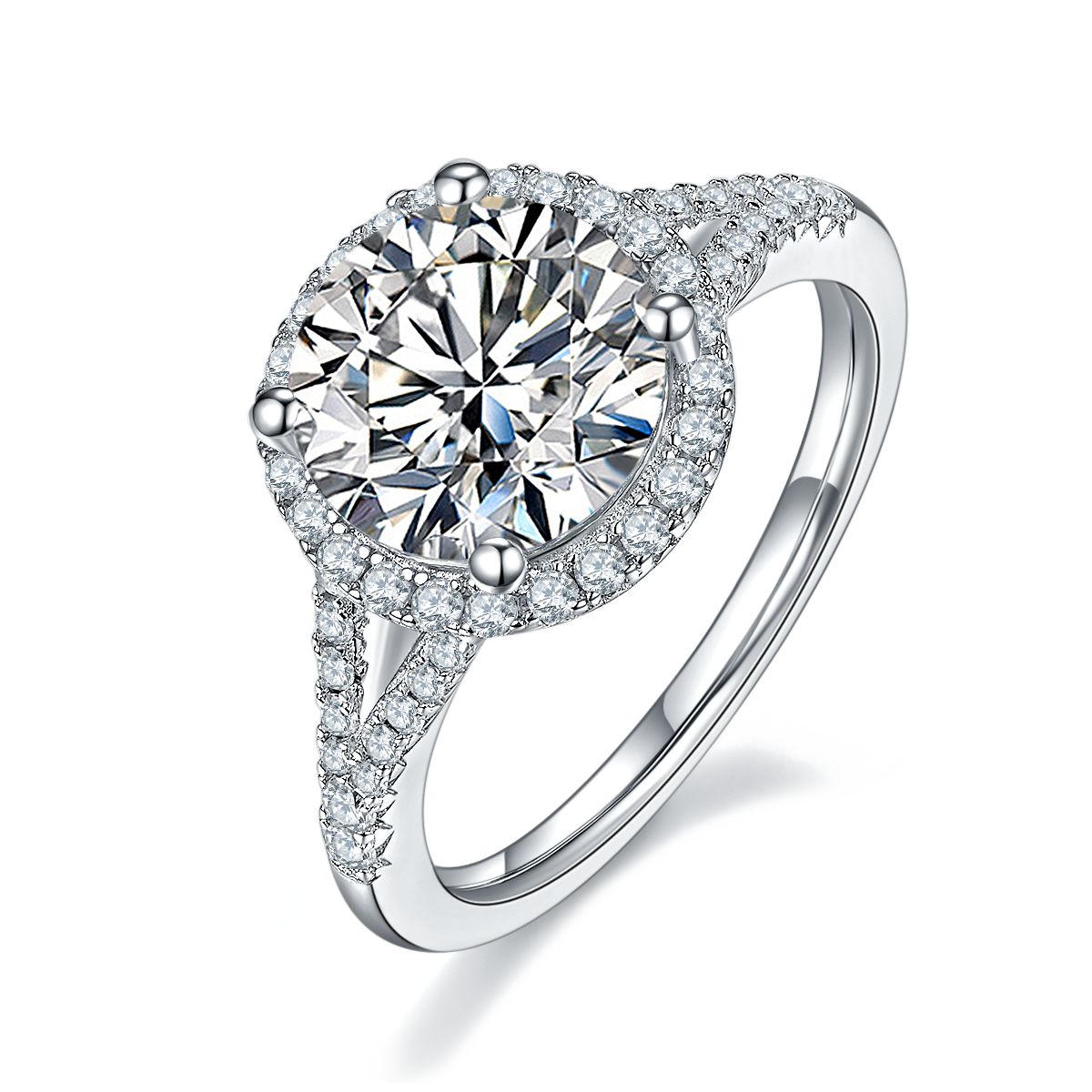 Double arm round bag S925 silver plated platinum moissanite diamond women's ring 3.0 carats D-grade