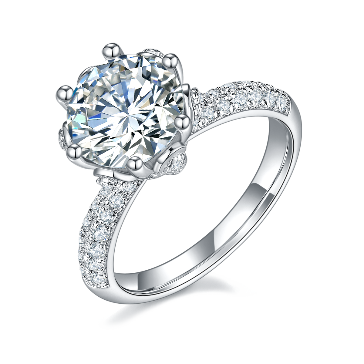 Straight arm luxury floral god S925 silver plated white gold moissanite diamond women's ring 3.0 carats D-class