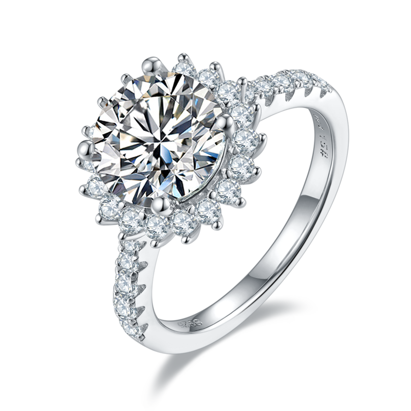 太阳花S925银镀白金MoissaniteWomen's Ring3.0ctD级