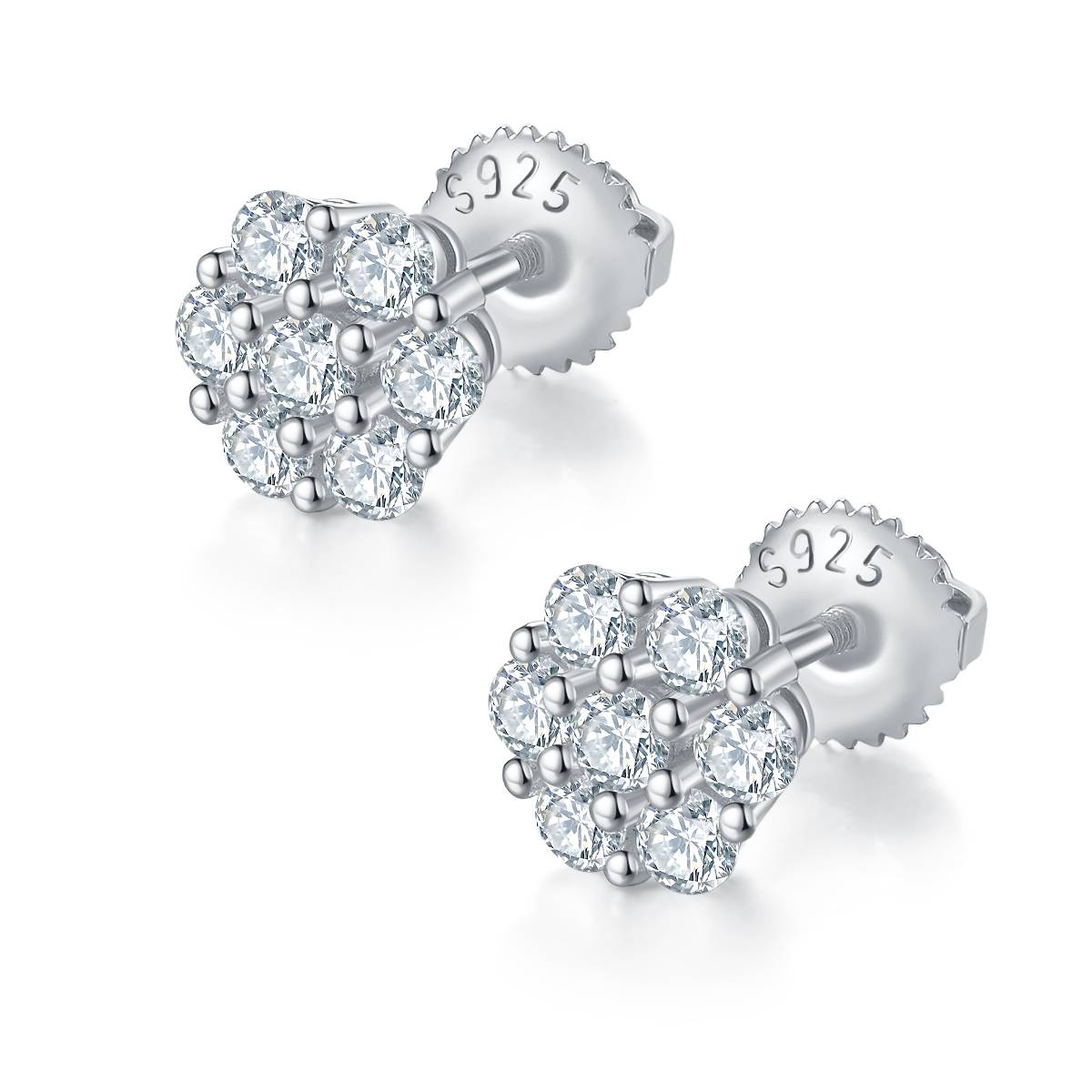 Round Plum Blossom S925 Silver Ear Nail with Thread Moissanite Grade D 0.84CT