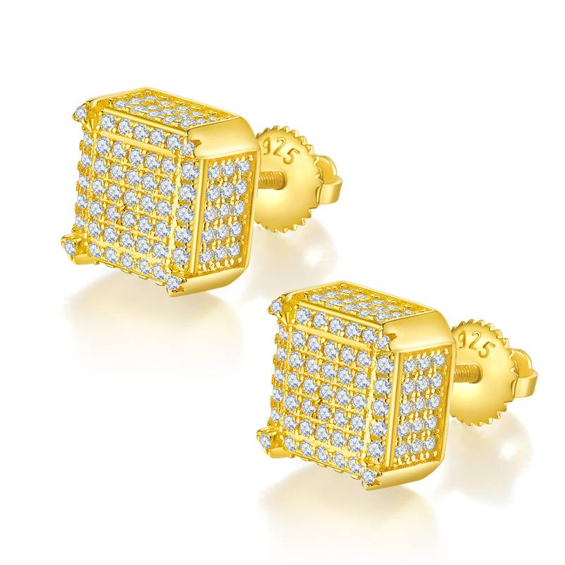 方形侧镶S925银耳钉带螺纹莫桑钻厘石D级1.08CT