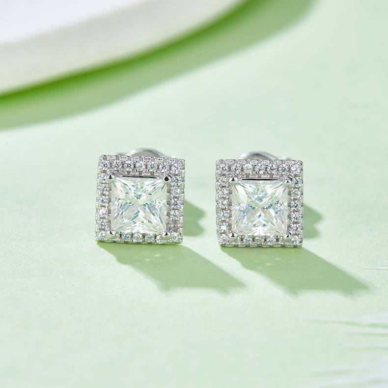 Affordable Luxury正方形S925银镀白金MoissanitePendantStud Earring套装