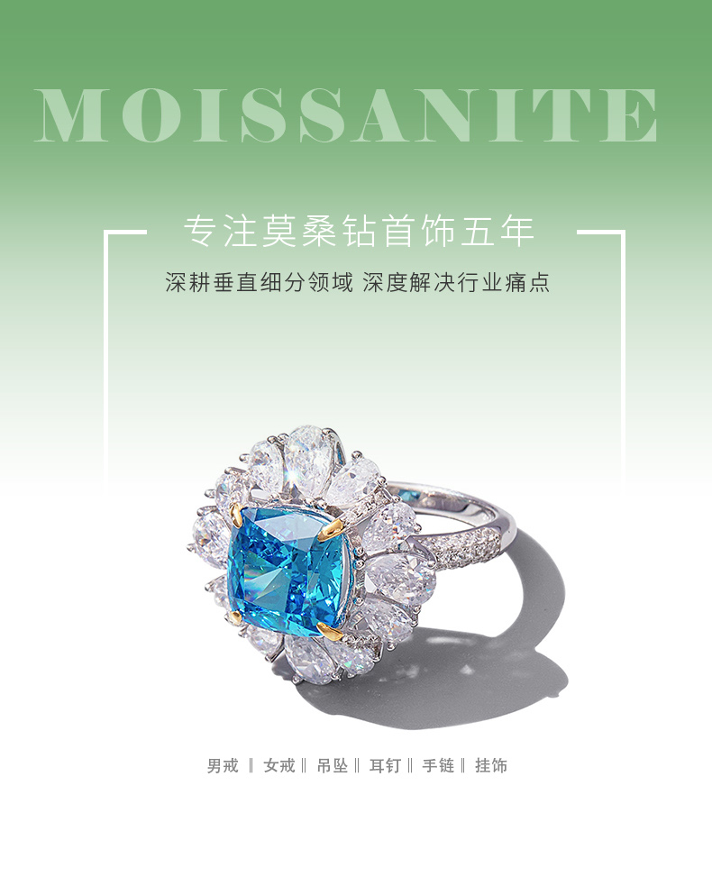 RS02647A1款S925银镀白金高碳钻戒指冰花切蓝色10*10mm肥正方 - 1