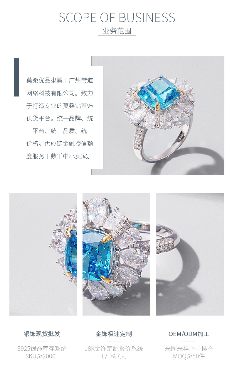 RS02647A1款S925银镀白金高碳钻戒指冰花切蓝色10*10mm肥正方 - 3