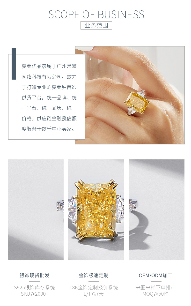 RS02657A2款S925银镀白金高碳钻戒指冰花切黄色10*14mm正方 - 3