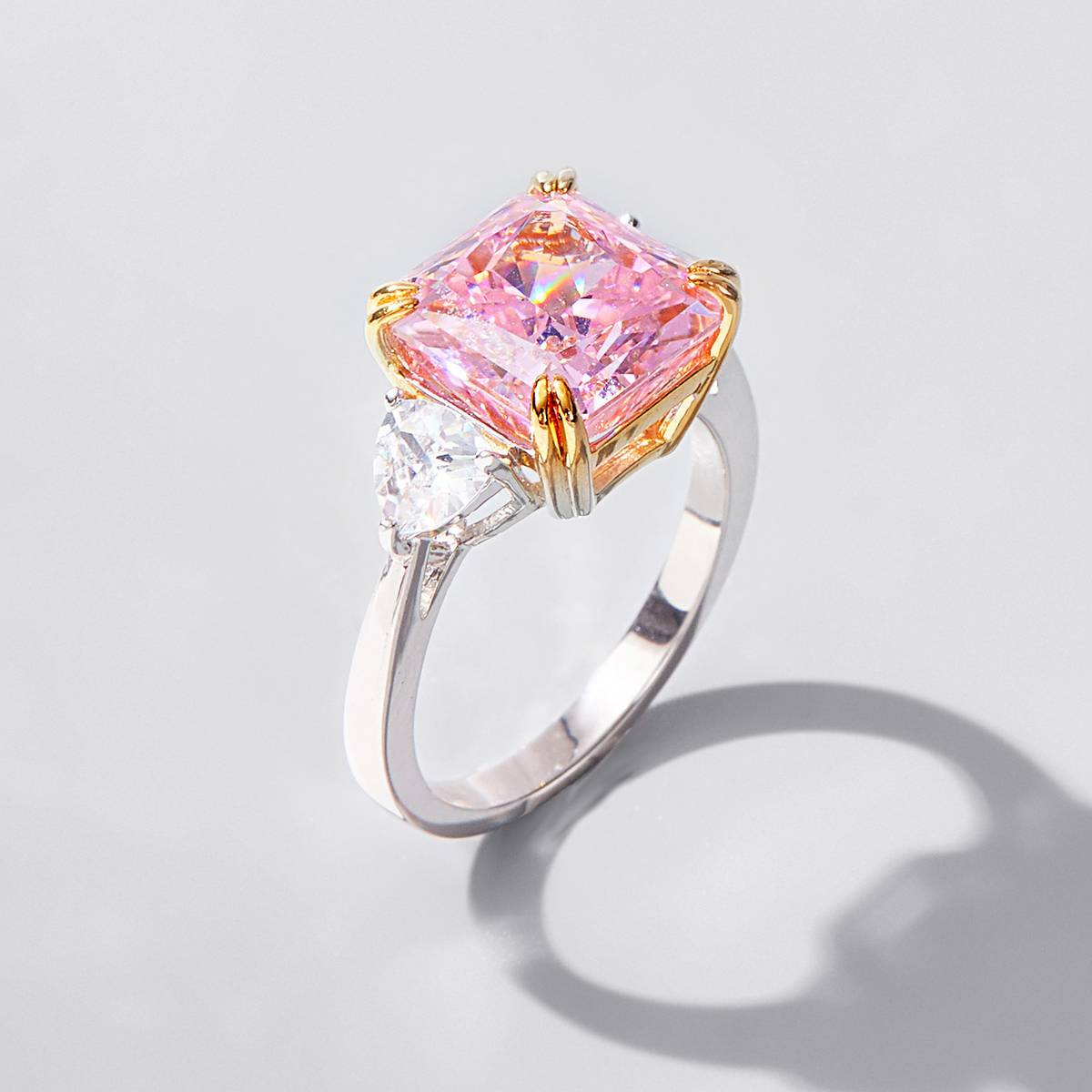 RS02659A1款S925银镀白金高碳钻戒指冰花切粉色10*10mm正方