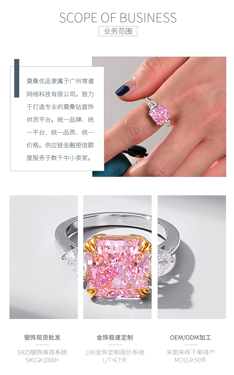 RS02659A1款S925银镀白金高碳钻戒指冰花切粉色10*10mm正方 - 3