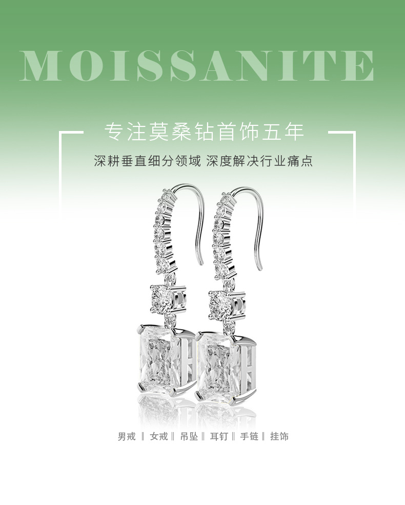 ES03160A4款S925银镀白金高碳钻耳环冰花切白色8*10mm肥正方 - 1