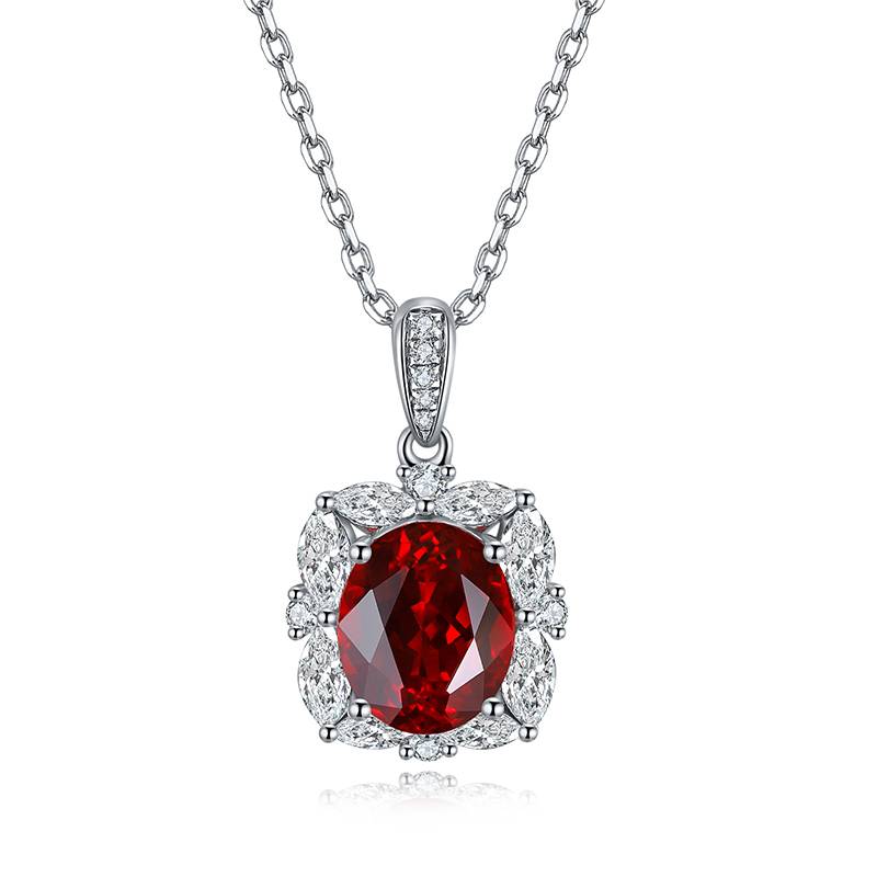 N050培育红宝925银镀白金Necklace鸽血红Pendant10*8mm.2mm/3.6ct