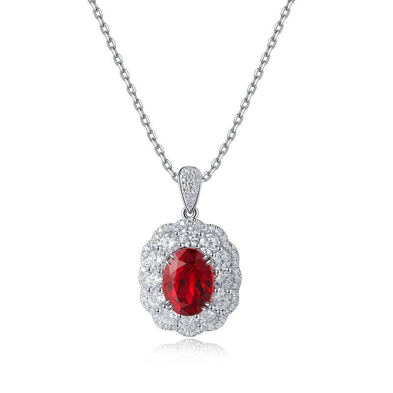 N047戴妃款培育红宝Necklace鸽血红S925银镀白金Pendant7*10mmmm/3.0ct