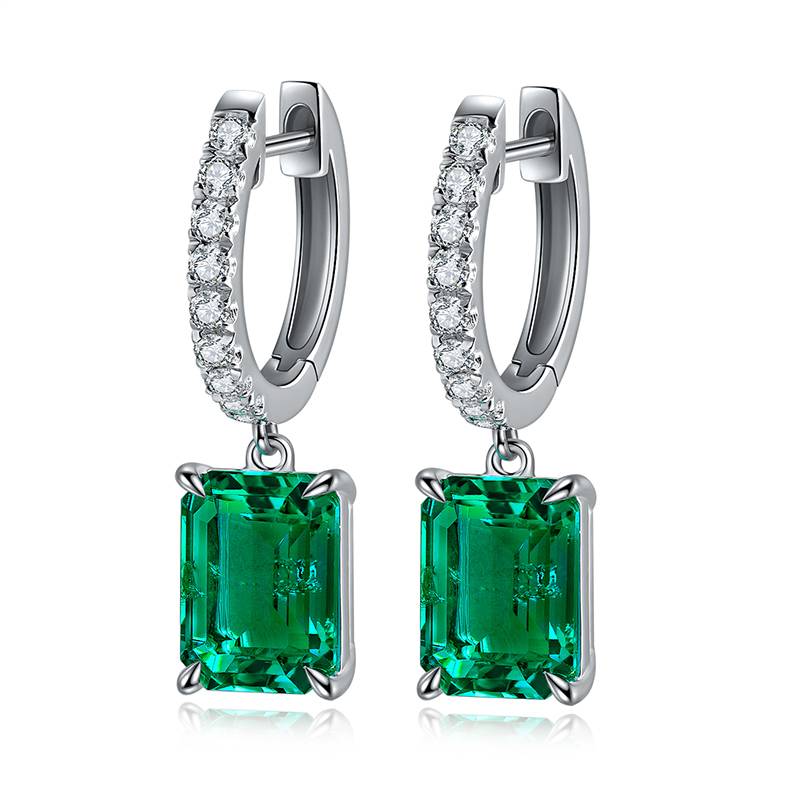 E099培育祖母绿S925银镀白金Stud Earring耳饰主石8*6mmmm/2.75ct
