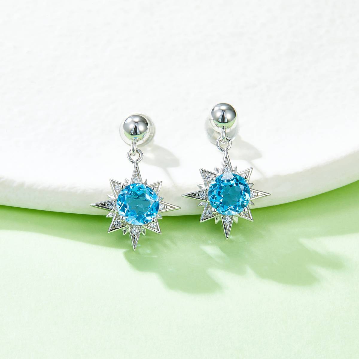 S925银镀白金天然蓝水晶Stud Earring