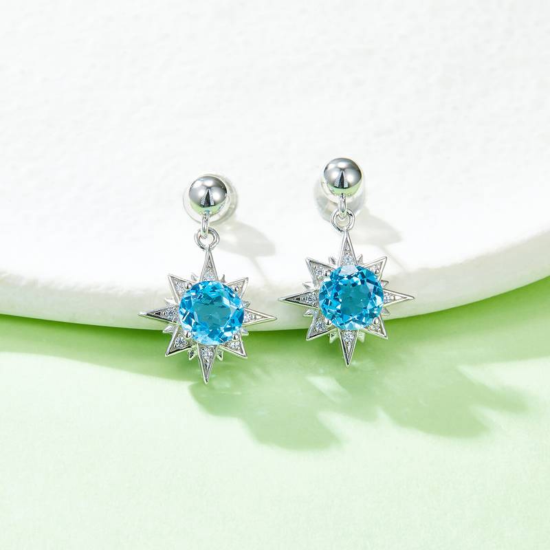 S925银镀白金天然蓝水晶Stud Earring