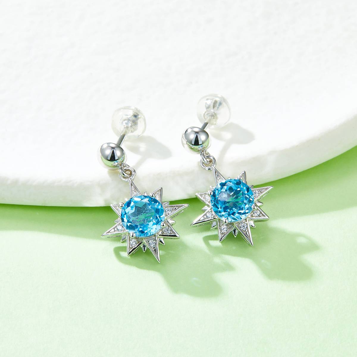 S925银镀白金天然蓝水晶Stud Earring