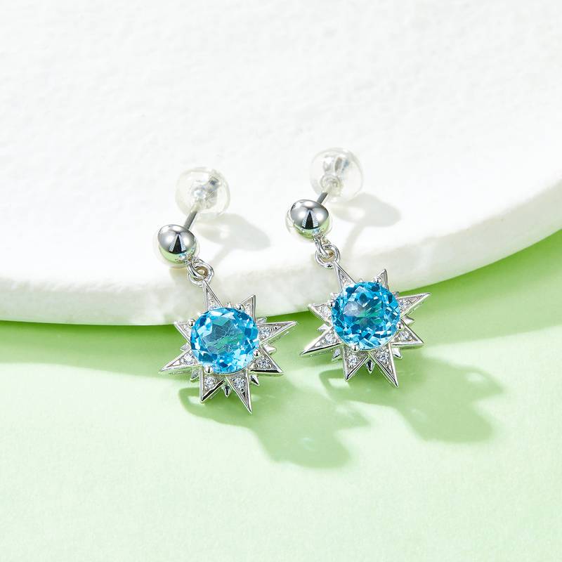S925银镀白金天然蓝水晶Stud Earring