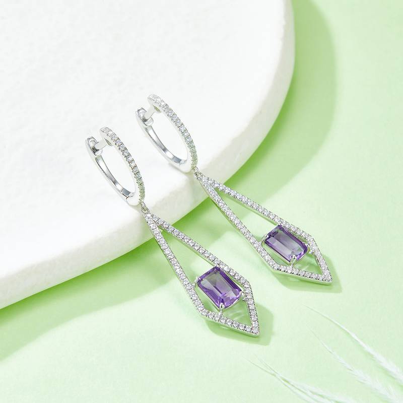 S925银镀白金天然紫水晶Stud Earring