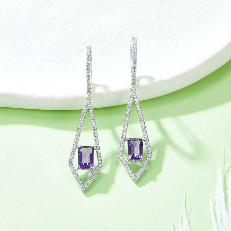 S925银镀白金天然紫水晶Stud Earring