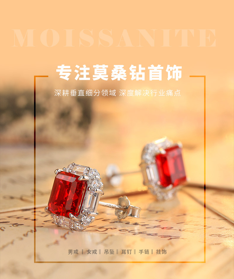E054培育彩宝祖母绿S925银镀18K白金耳钉主石8*8mm/4.59ct - 1