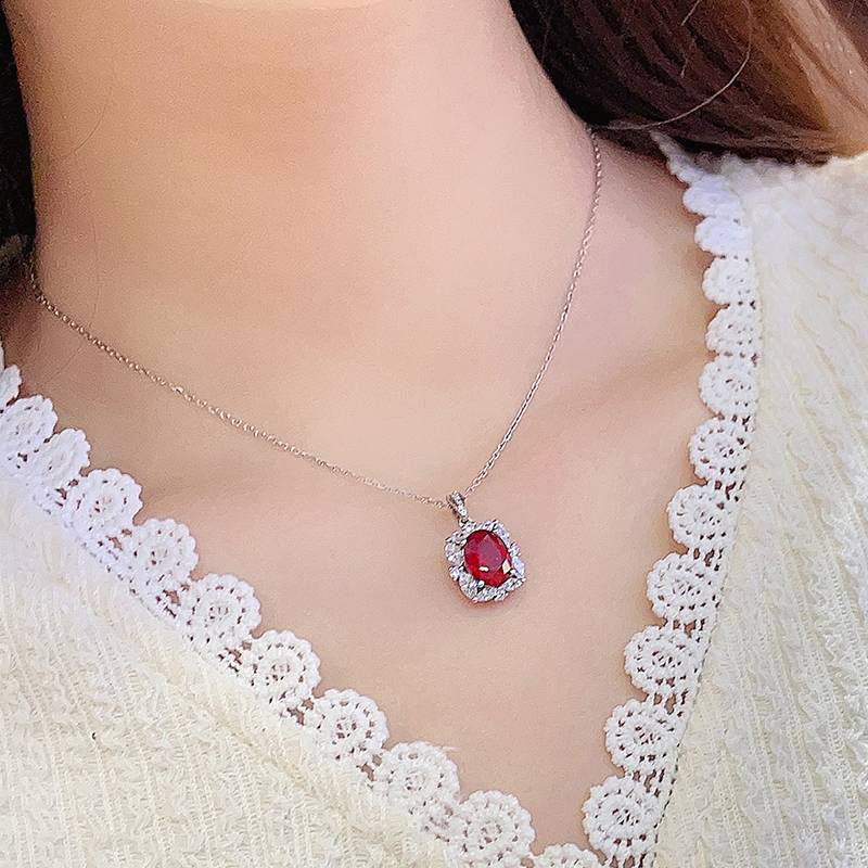 N050培育红宝925银镀白金Necklace鸽血红Pendant10*8mm.2mm/3.6ct