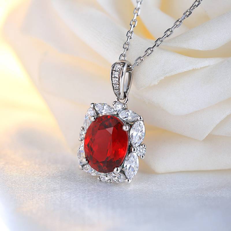 N050培育红宝925银镀白金Necklace鸽血红Pendant10*8mm.2mm/3.6ct