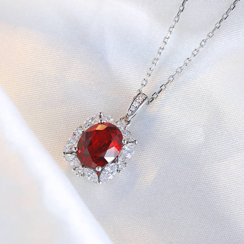N050培育红宝925银镀白金Necklace鸽血红Pendant10*8mm.2mm/3.6ct