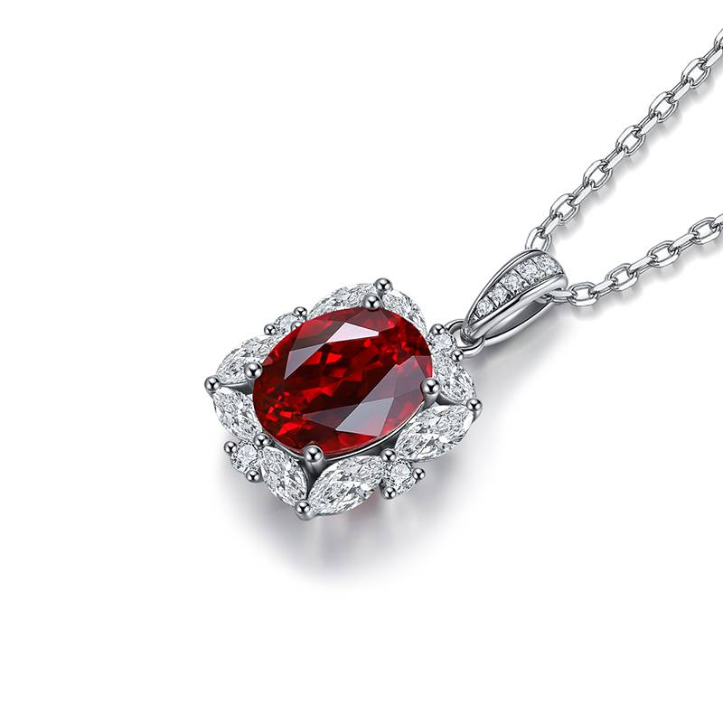 N050培育红宝925银镀白金Necklace鸽血红Pendant10*8mm.2mm/3.6ct