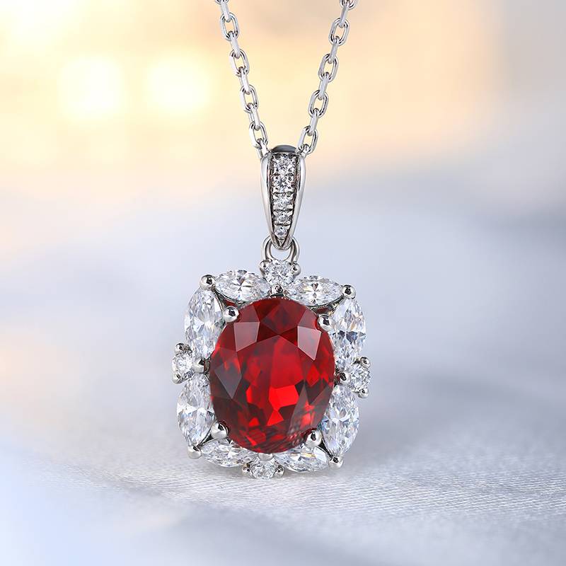 N050培育红宝925银镀白金Necklace鸽血红Pendant10*8mm.2mm/3.6ct