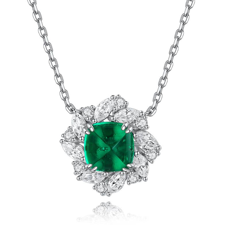 N439培育彩宝祖母绿S925银镀白金NecklacePendant9*9mmmm/3.3ct