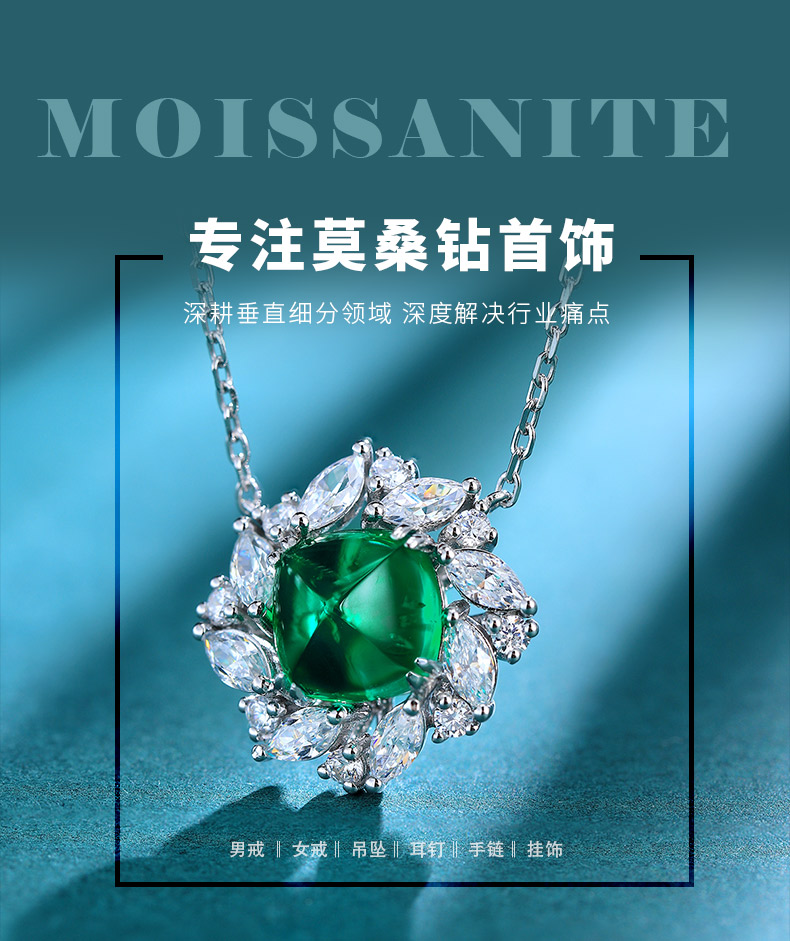 N439培育彩宝祖母绿S925银镀白金项链吊坠9*9mm/3.3ct - 1