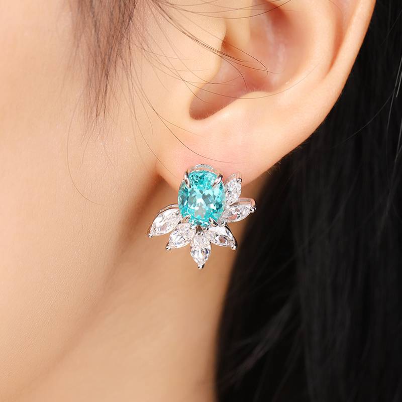 E051培育帕拉伊巴S925银镀白金Stud Earring8*10mmmm/8.8ct