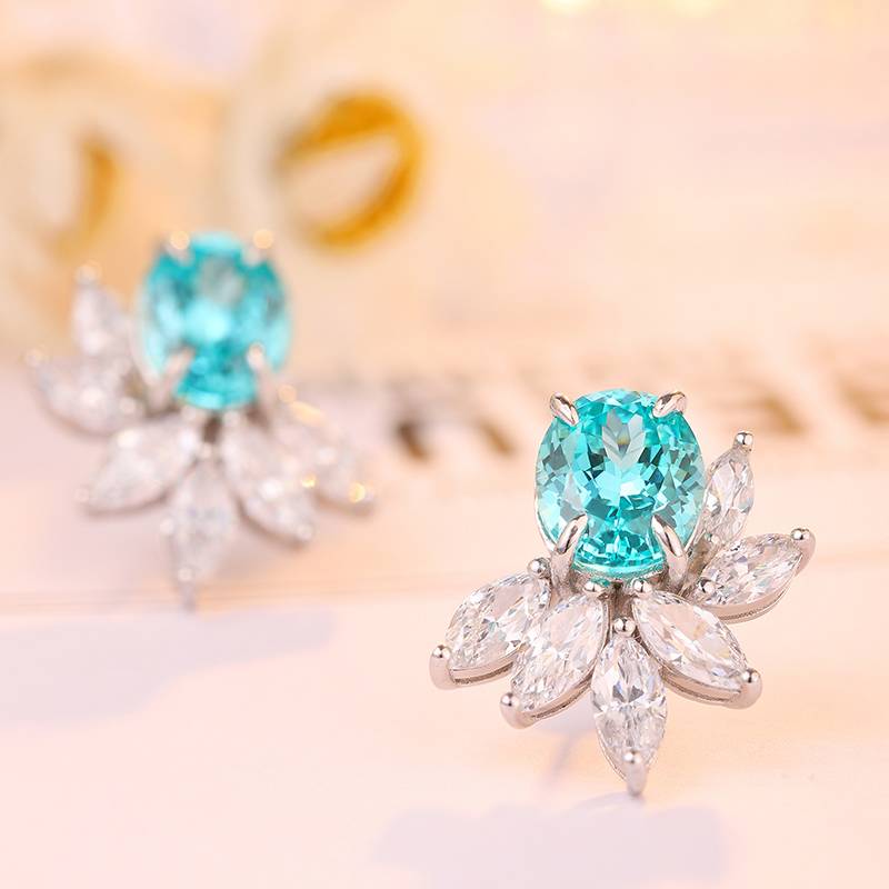 E051培育帕拉伊巴S925银镀白金耳钉8*10mm/8.8ct