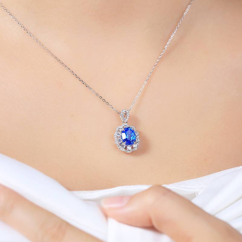 N103戴妃款培育钴尖晶S925银镀白金Necklace蓝小妖Pendant7*9mmmm/2.0ct