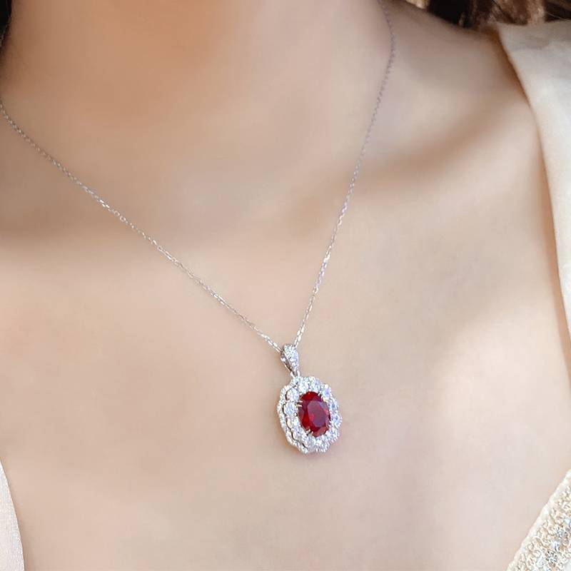 N047戴妃款培育红宝Necklace鸽血红S925银镀白金Pendant7*10mmmm/3.0ct