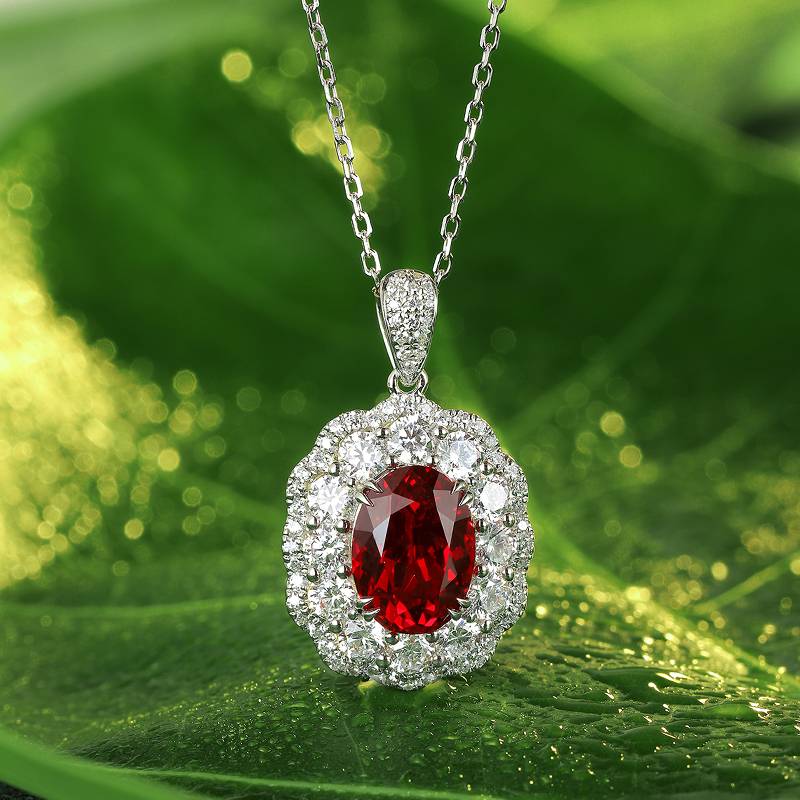 N047戴妃款培育红宝Necklace鸽血红S925银镀白金Pendant7*10mmmm/3.0ct