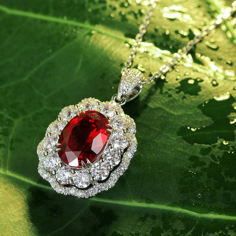 N047戴妃款培育红宝Necklace鸽血红S925银镀白金Pendant7*10mmmm/3.0ct
