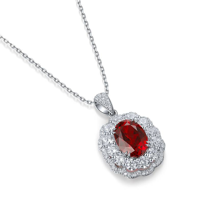 N047戴妃款培育红宝Necklace鸽血红S925银镀白金Pendant7*10mmmm/3.0ct