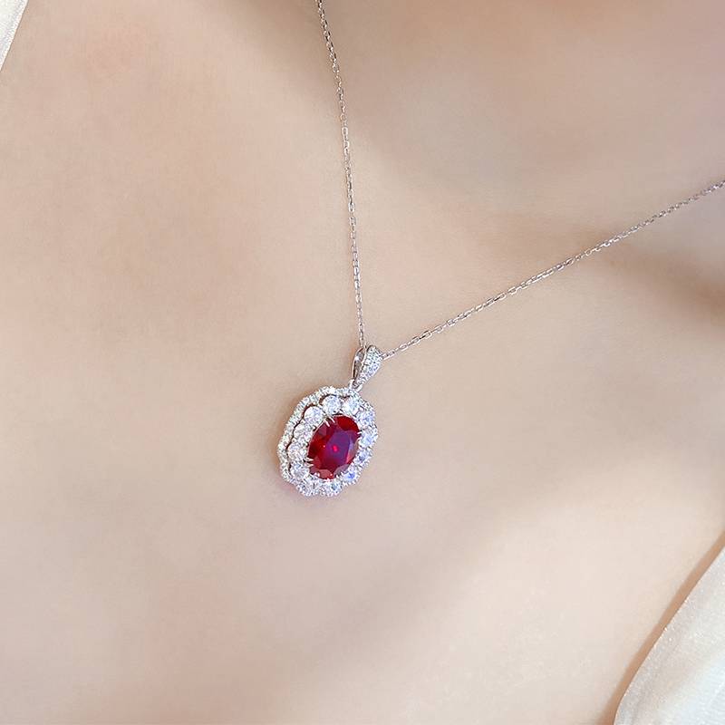 N047戴妃款培育红宝Necklace鸽血红S925银镀白金Pendant7*10mmmm/3.0ct
