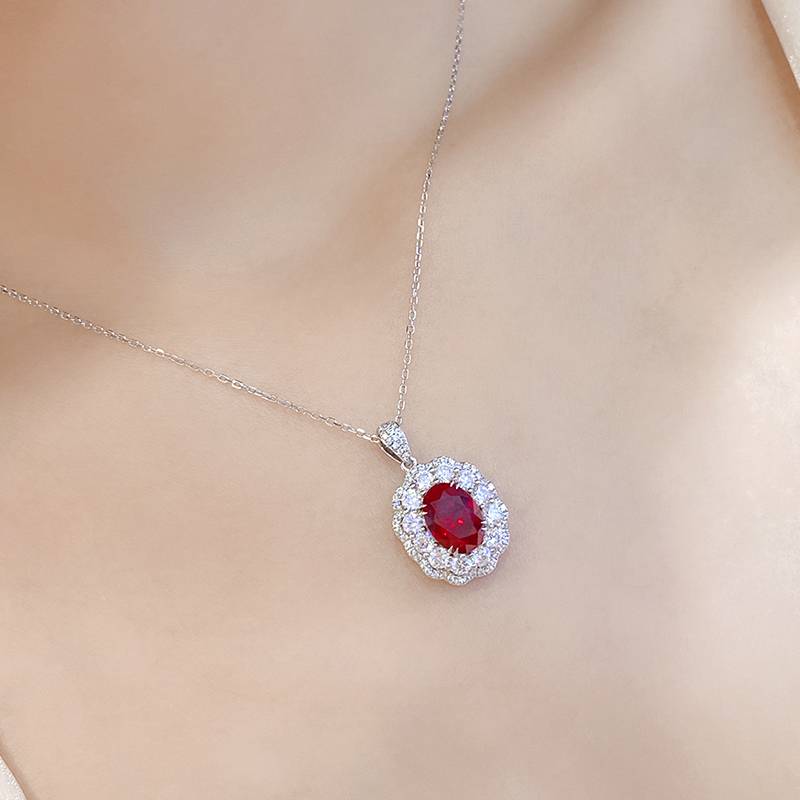N047戴妃款培育红宝Necklace鸽血红S925银镀白金Pendant7*10mmmm/3.0ct