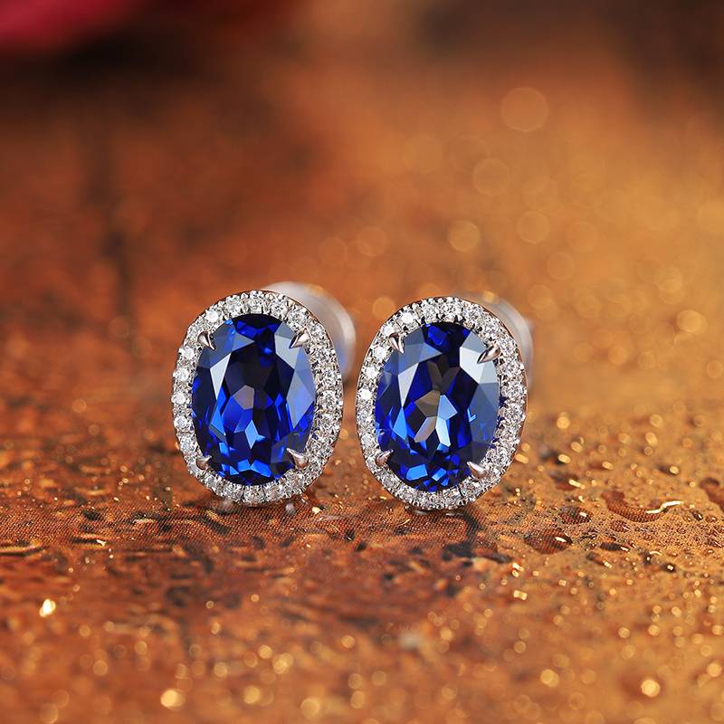 E093培育彩宝S925银镀白金Stud Earring7*5mmmm/2.18ct一对