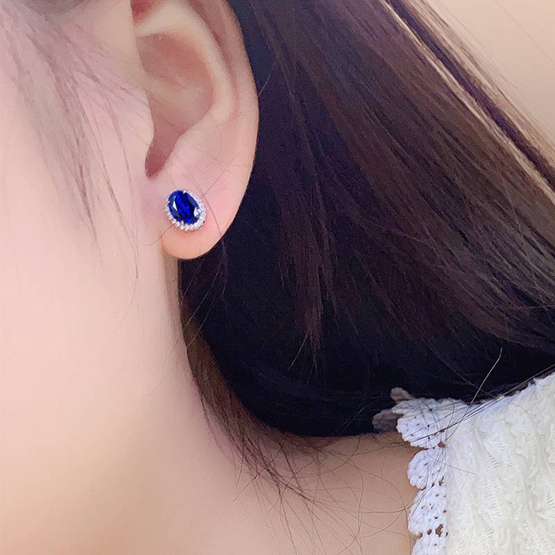 E093培育彩宝S925银镀白金Stud Earring7*5mmmm/2.18ct一对
