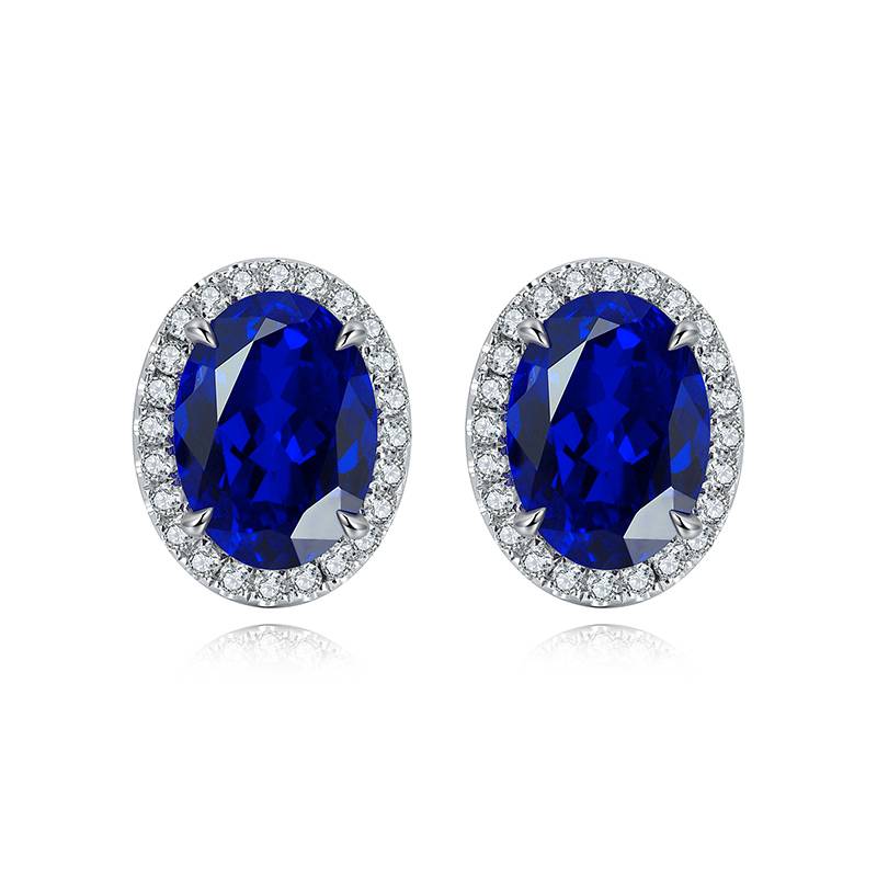 E093培育彩宝S925银镀白金Stud Earring7*5mmmm/2.18ct一对