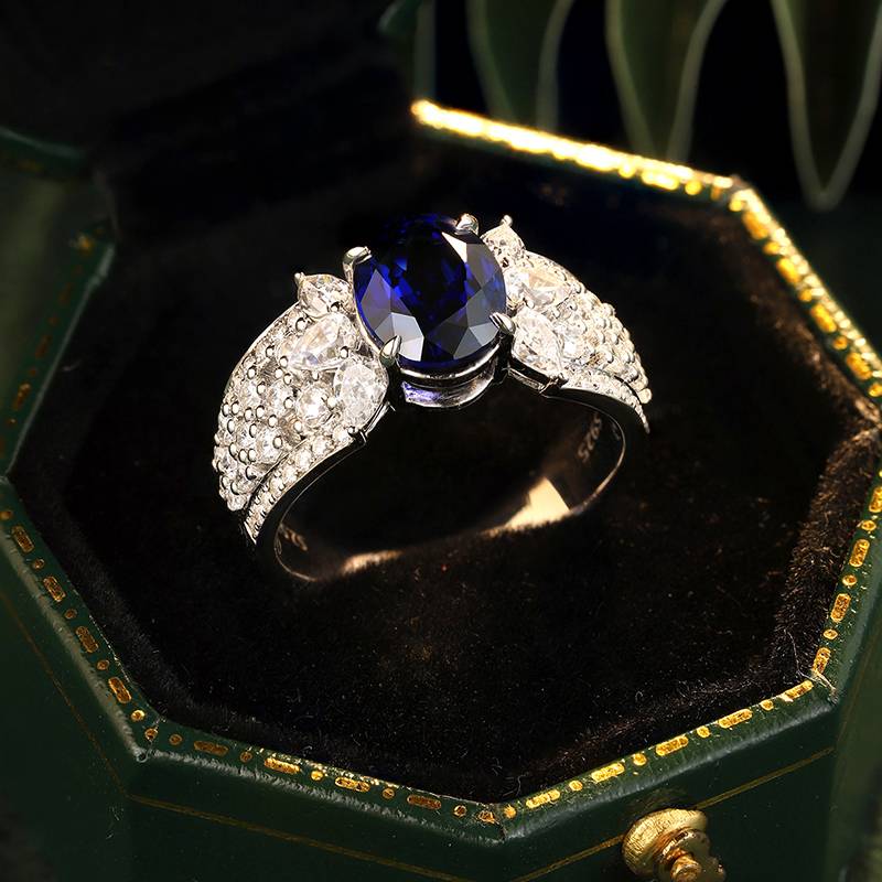 R193培育彩宝S925银镀白金Ring9*7mmmm/2.5ct