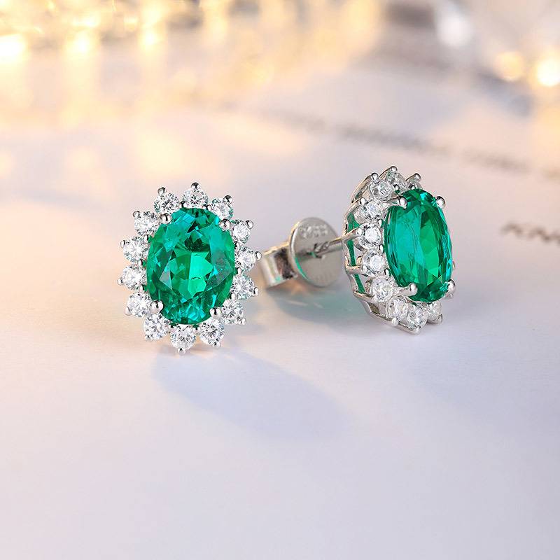 E008培育彩宝S925银镀白金Stud Earring8*6mmmm/3.4ct