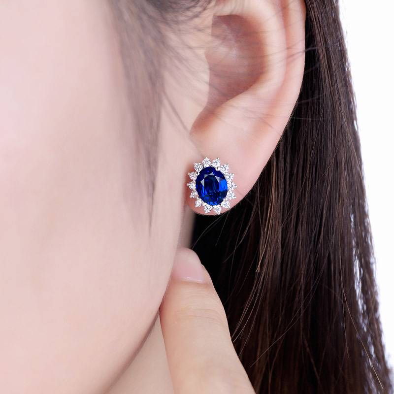 E008培育彩宝S925银镀白金Stud Earring8*6mmmm/3.4ct