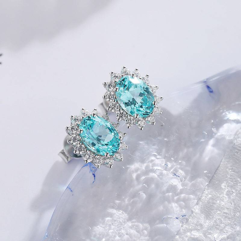 E008培育彩宝S925银镀白金Stud Earring8*6mmmm/3.4ct
