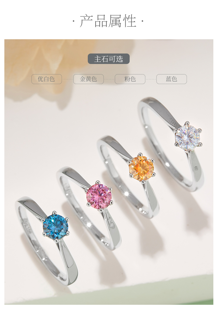 直臂周家六爪S925银镀白金莫桑钻女戒50分D级 - 2