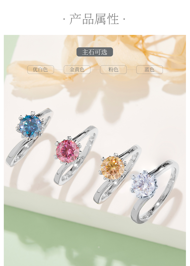 扭臂经典雪花S925银镀白金莫桑钻女戒1克拉D级 - 2